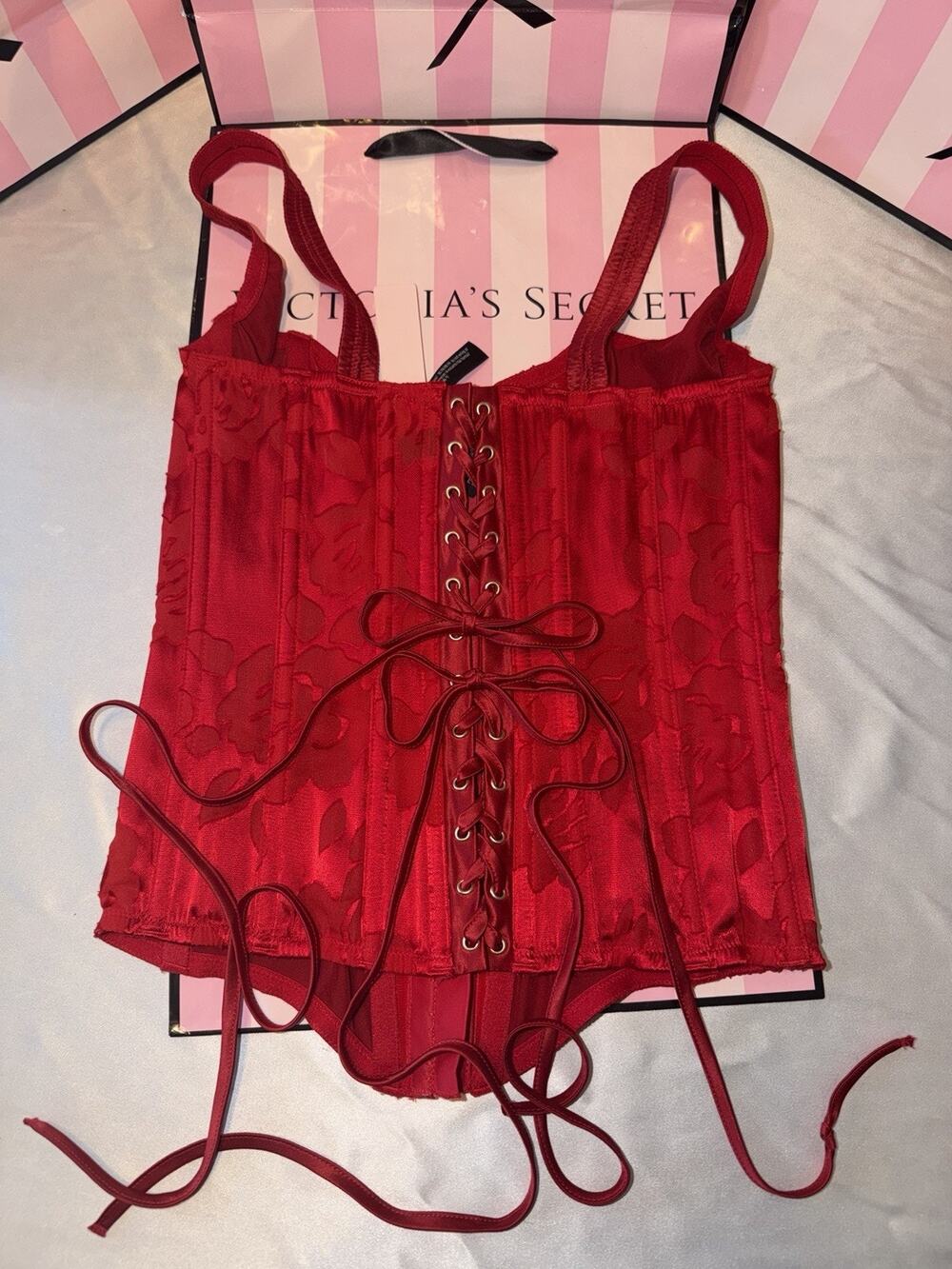 Victorias Secret Archives Corset Lace Up Satin Red Small